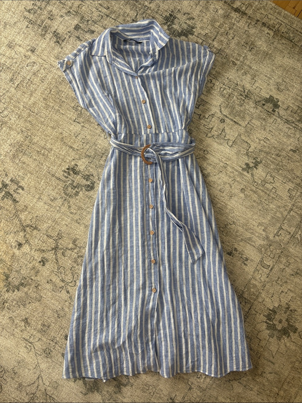 Zara Blue and White Striped Midi Shirt Dress with Belt